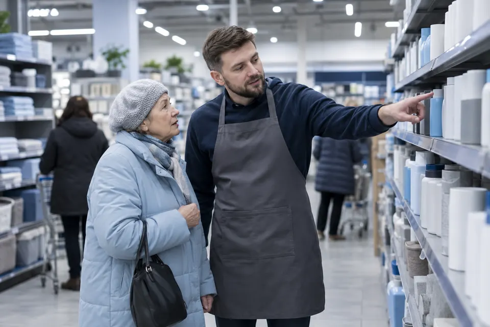 Продавец помогает покупателю в торговом зале