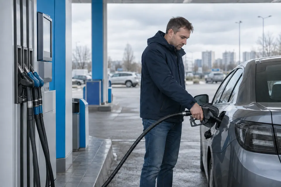 Водитель у машины на площадке автопарка